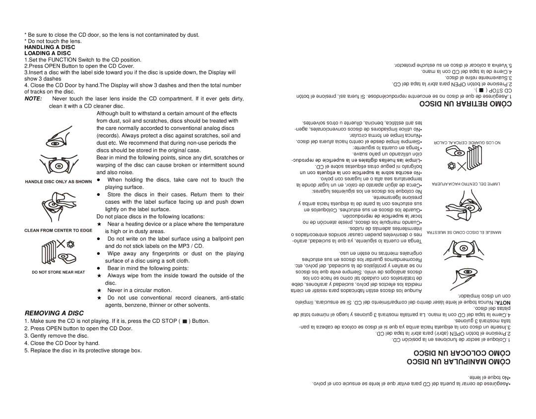 Emerson EMMC35881 Disco UN Retirar Cómo, Disco UN Colocar Cómo, Disco UN Manipular Cómo, Handling a Disc Loading a Disc 