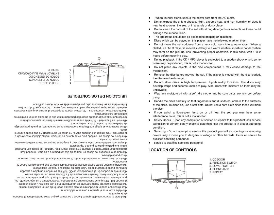 Emerson EMMC35881 Controles LOS DE Ubicación, Location of Controls, CD Door Function Switch Power Switch Phone Jack Repeat 
