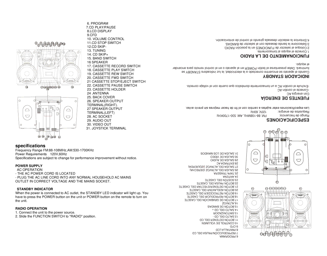 Emerson EMMC35881 instruction manual Radio LA DE Funcionamiento, Standby Indicador, Energía DE Fuentes, Especificaciones 