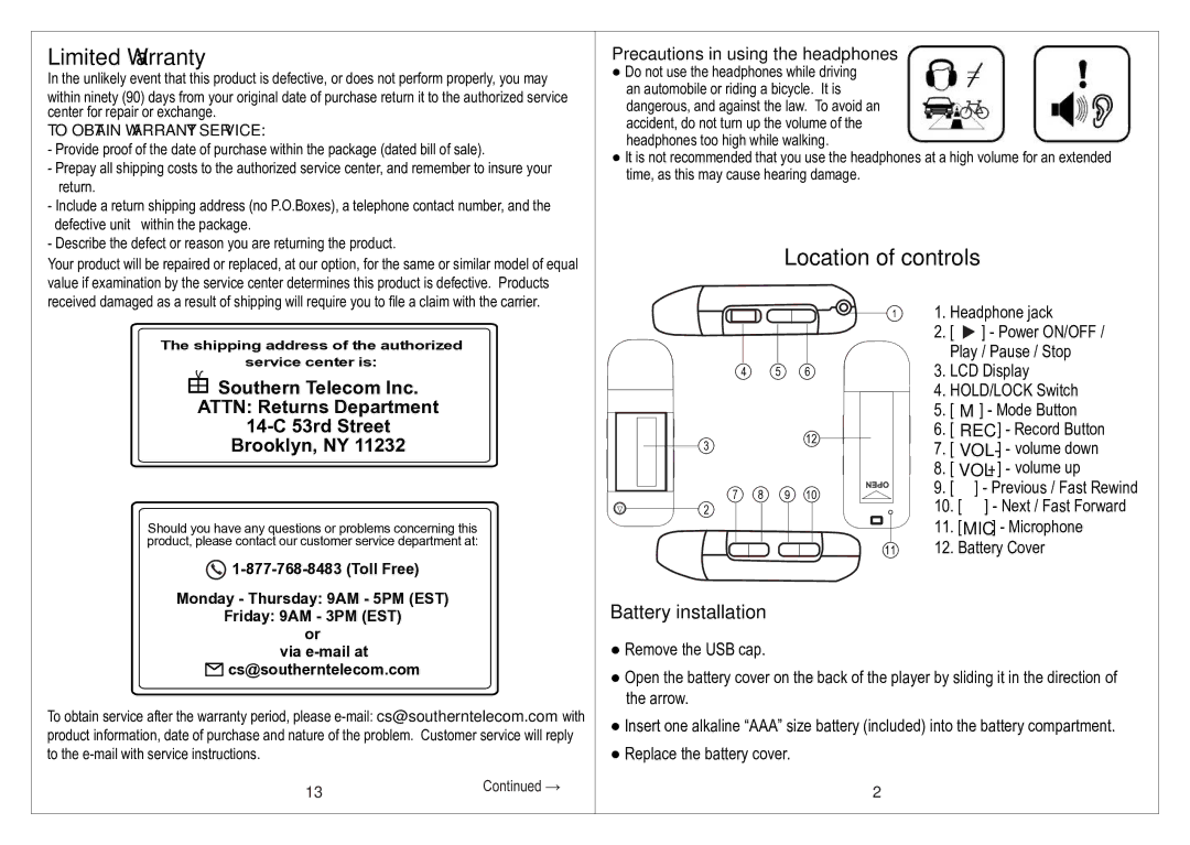 Emerson EMP212-2 manual Limited Warranty, Location of controls, Battery installation, Precautions in using the headphones 