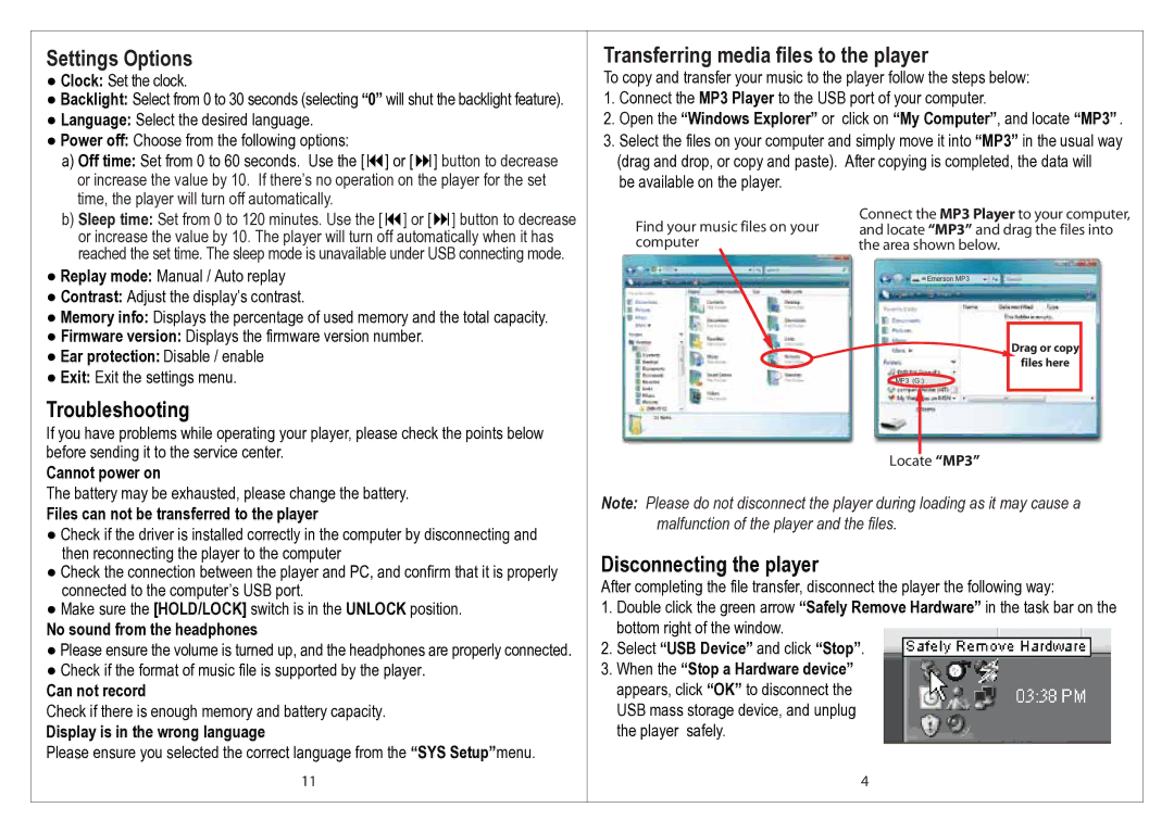 Emerson EMP212-2 manual Settings Options, Transferring media files to the player, Troubleshooting, Disconnecting the player 