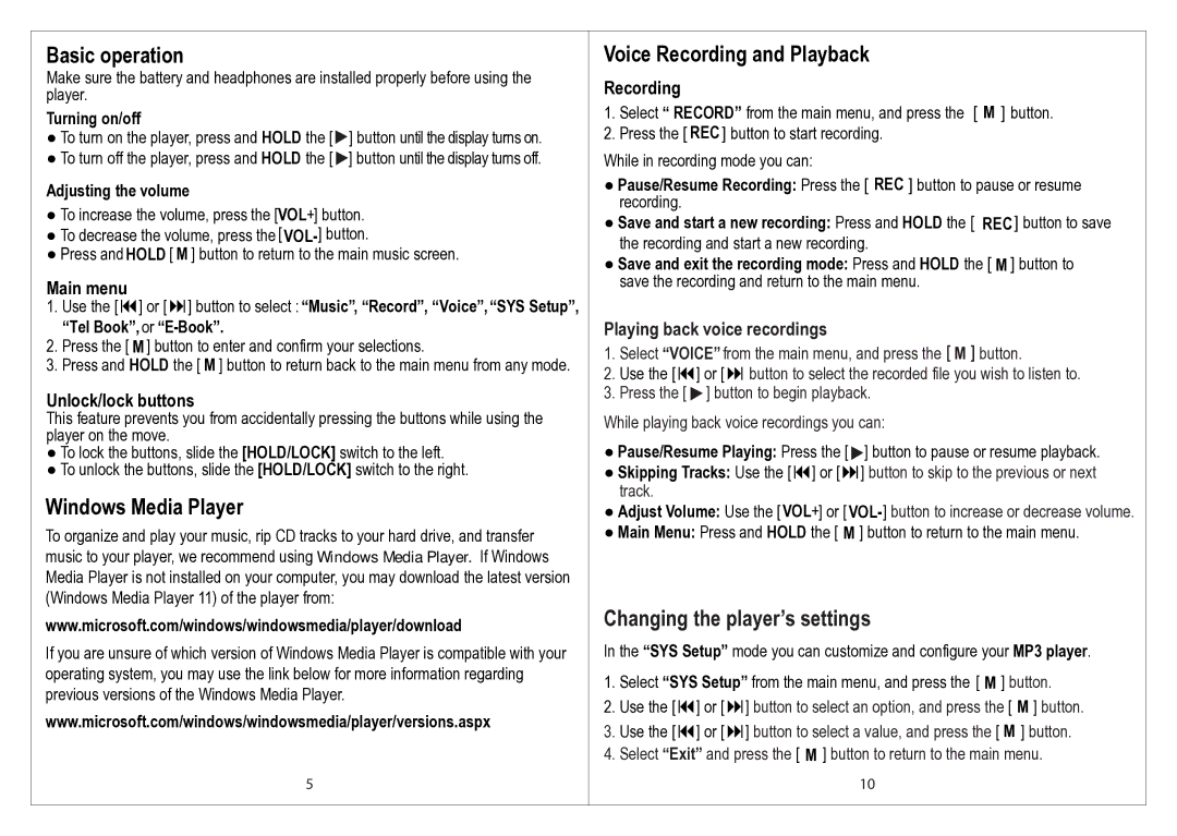 Emerson EMP212-2 manual Basic operation, Windows Media Player, Voice Recording and Playback, Changing the player’s settings 