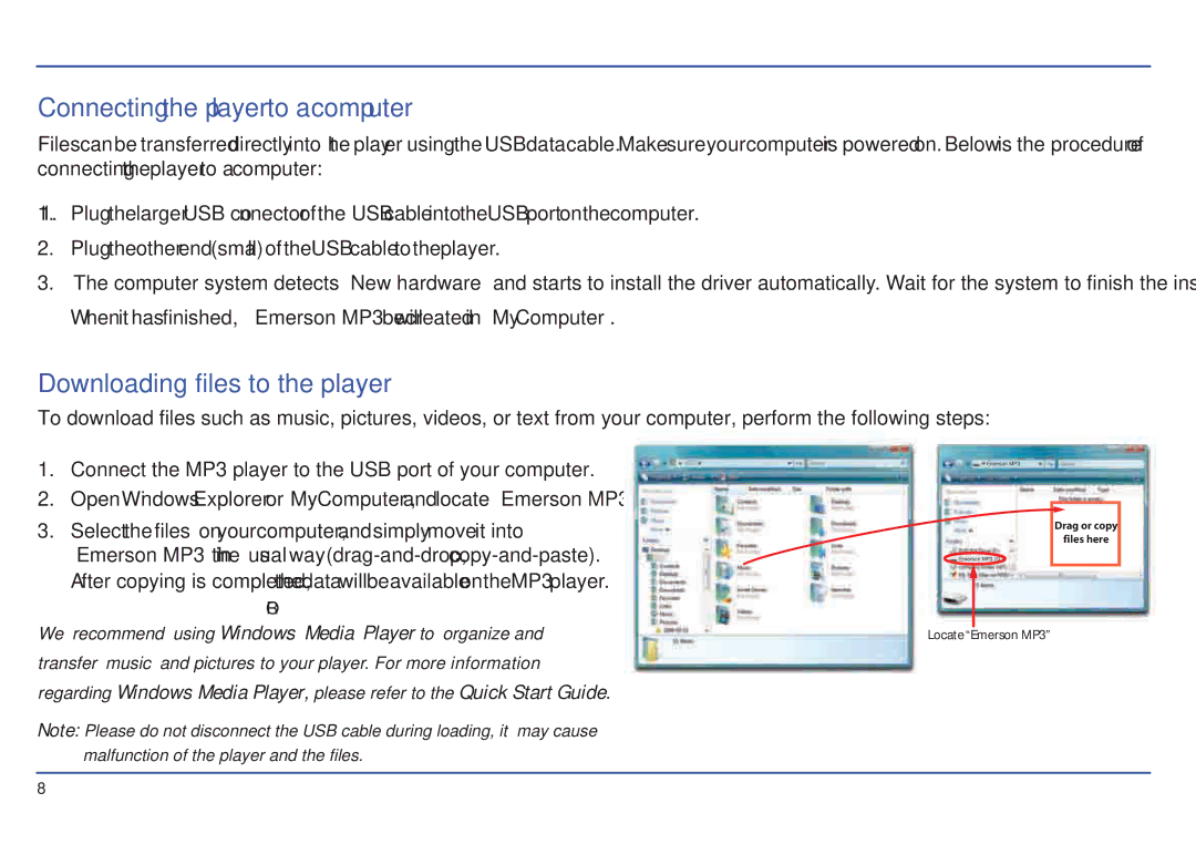 Emerson EMP414-4 manual Connecting the player to a computer, Downloading files to the player 