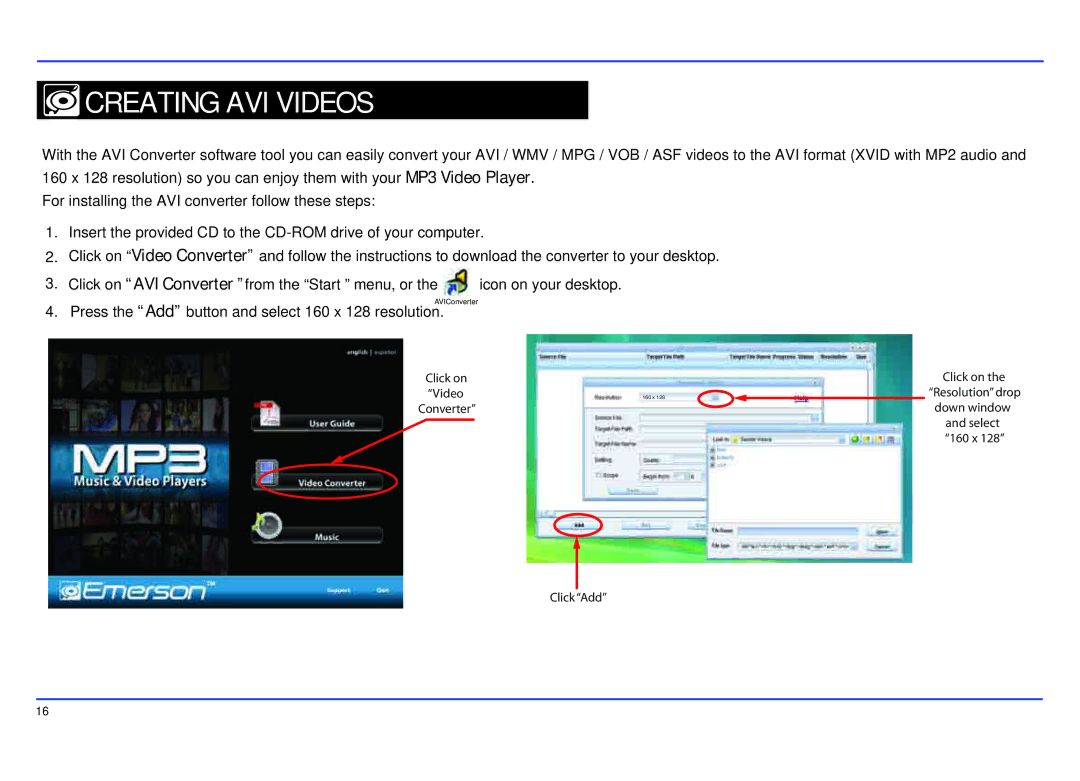 Emerson EMP414-4 manual Creating AVI Videos 