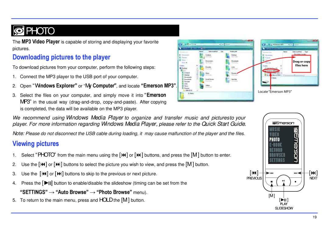 Emerson EMP414-4 manual Photo, Downloading pictures to the player, Viewing pictures 