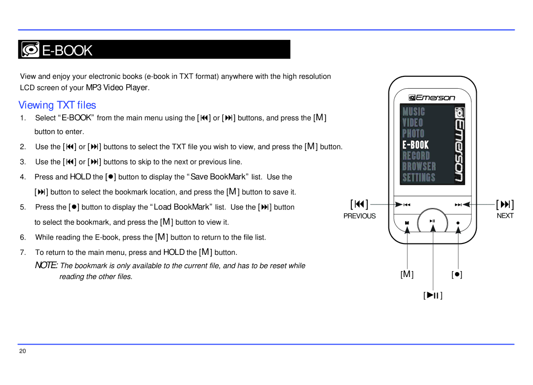 Emerson EMP414-4 manual Book, Viewing TXT files 