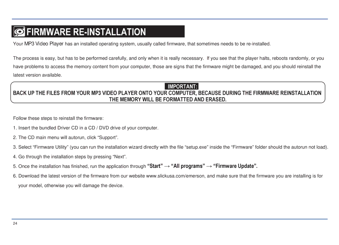 Emerson EMP414-4 manual Firmware RE-INSTALLATION 