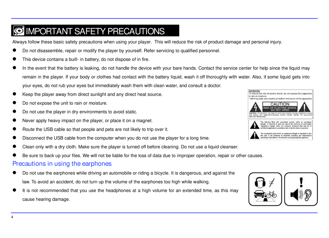 Emerson EMP414-4 manual Important Safety Precautions, Precautions in using the earphones 