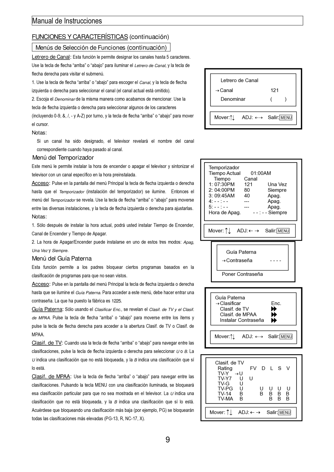 Emerson EMTV21785 manual Funciones Y Características continuación, Menús de Selección de Funciones continuación 