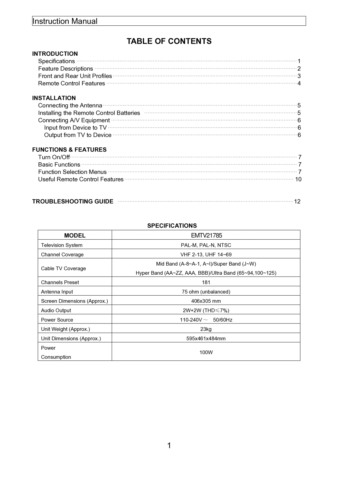 Emerson EMTV21785 manual Table of Contents 