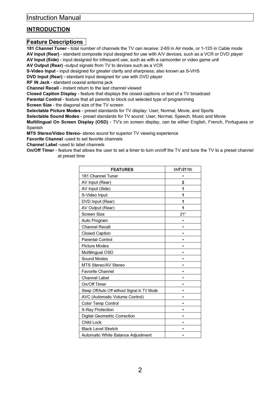 Emerson EMTV21785 manual Introduction, Feature Descriptions 