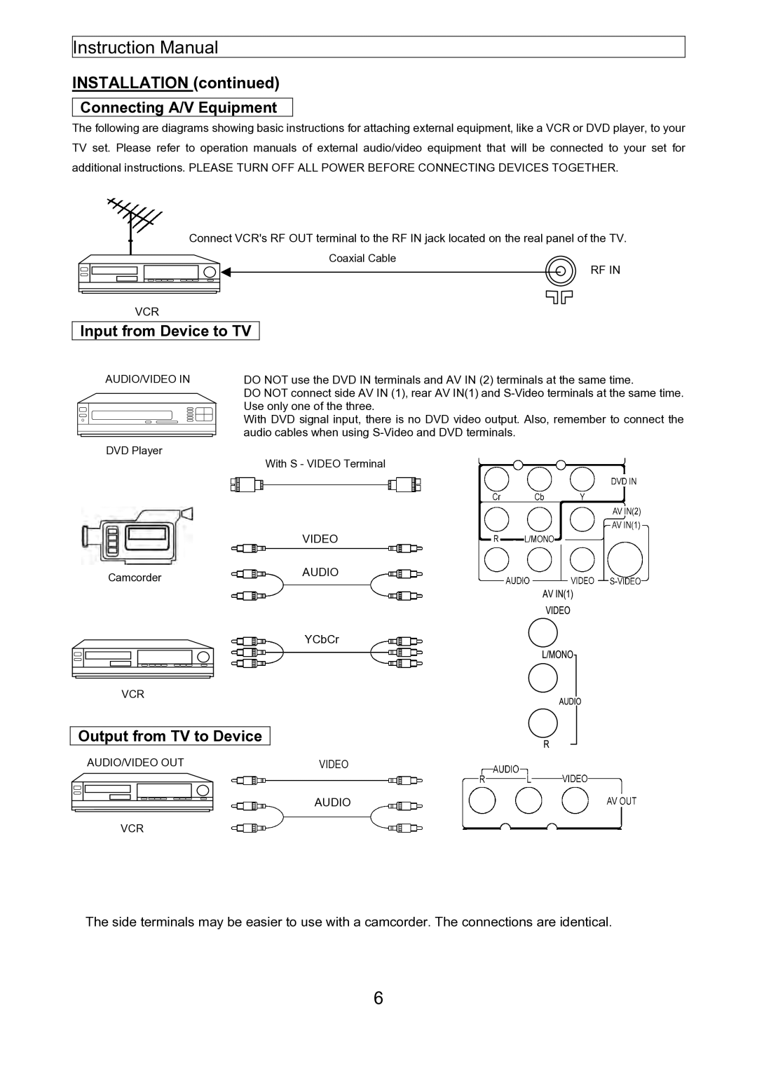 Emerson EMTV21785 manual Installation, Connecting A/V Equipment, Input from Device to TV, Output from TV to Device 