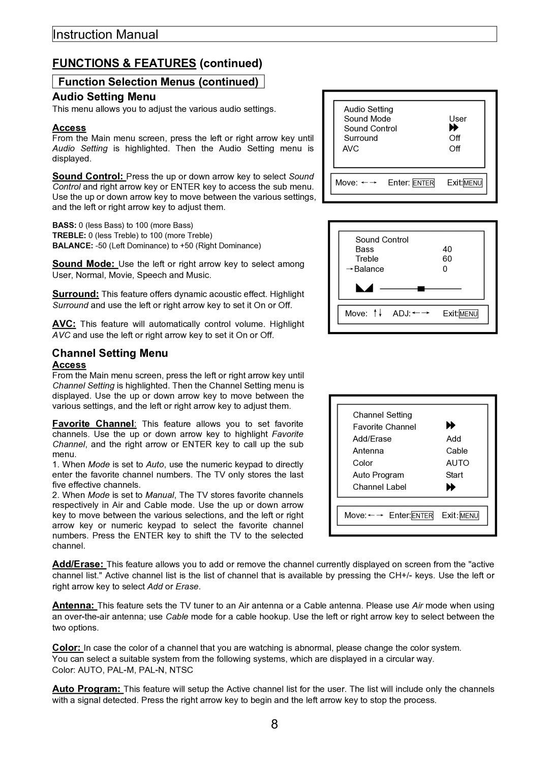 Emerson EMTV21785 manual Functions & Features, Function Selection Menus Audio Setting Menu, Channel Setting Menu, Avc, Auto 