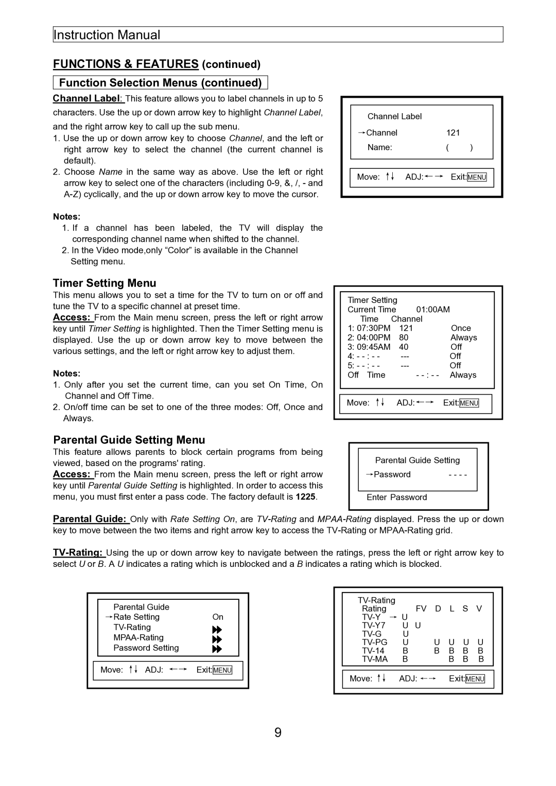 Emerson EMTV21785 manual Timer Setting Menu, Parental Guide Setting Menu, TV-Y7 TV-G TV-PG 