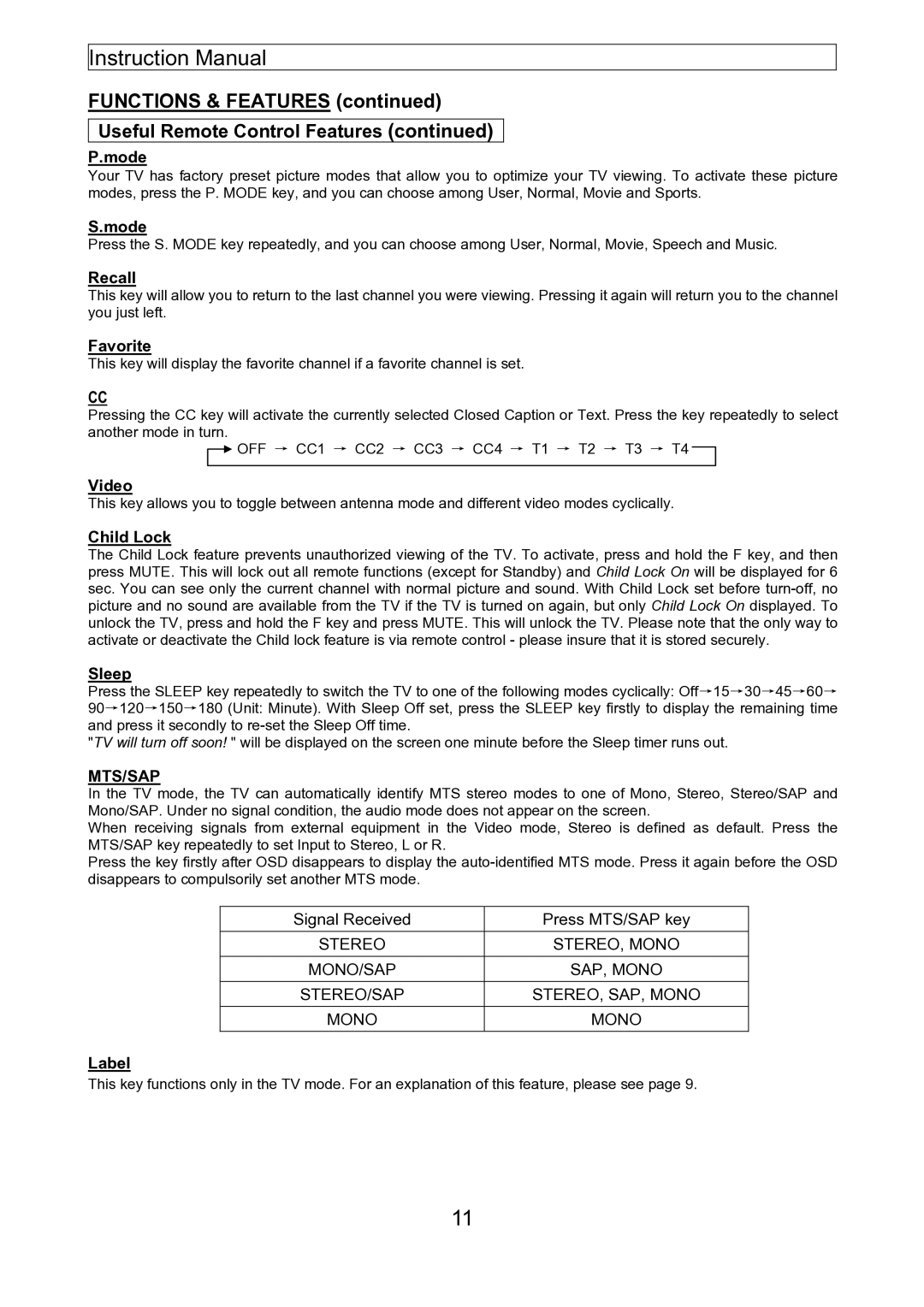 Emerson EMTV21785 manual Mode, Recall, Favorite, Child Lock, Sleep, Label 