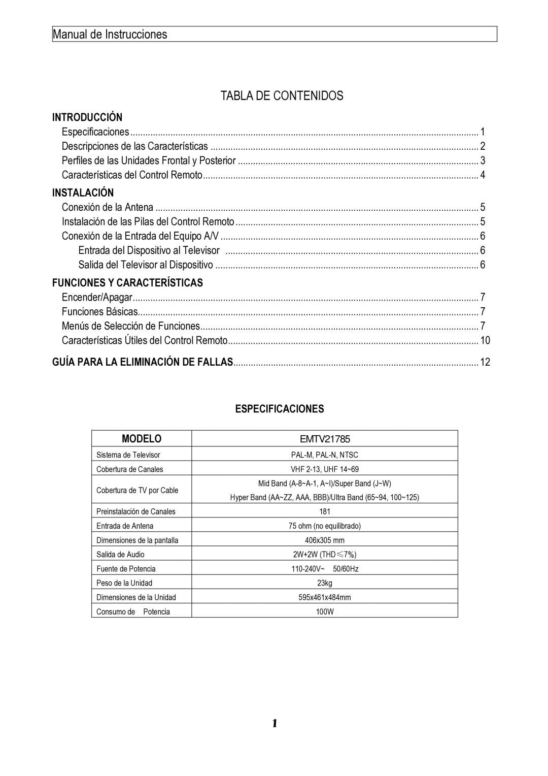 Emerson EMTV21785 manual Tabla DE Contenidos 