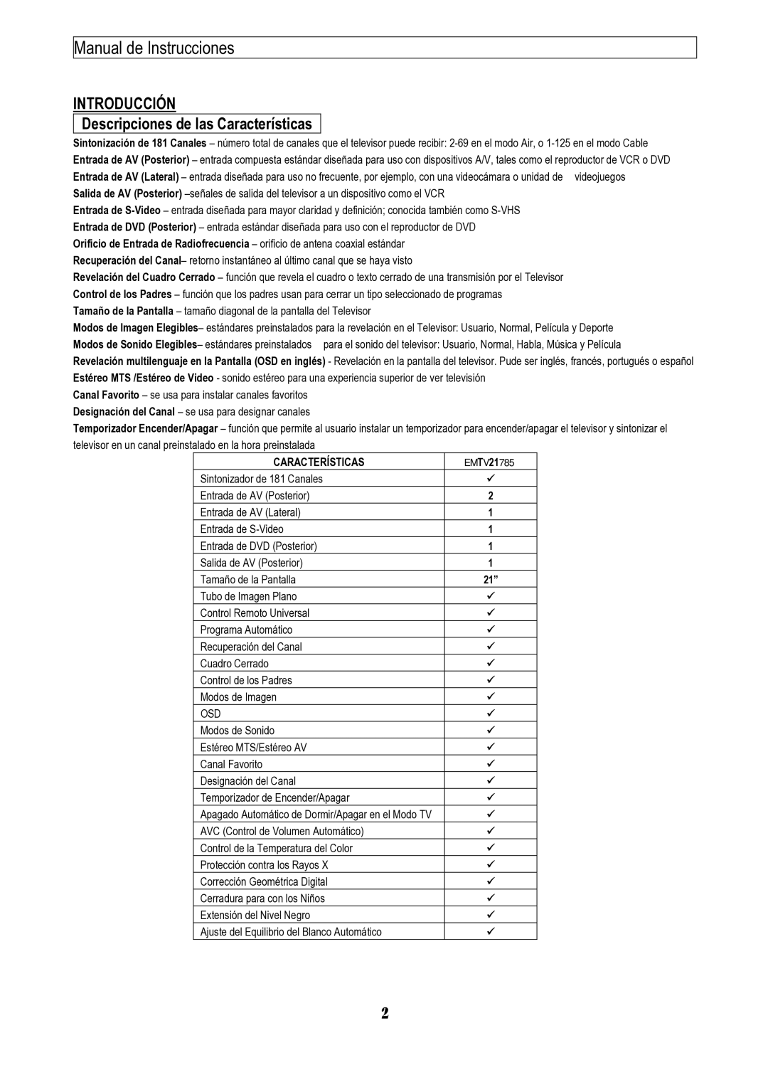 Emerson EMTV21785 manual Introducción, Descripciones de las Características, Osd 