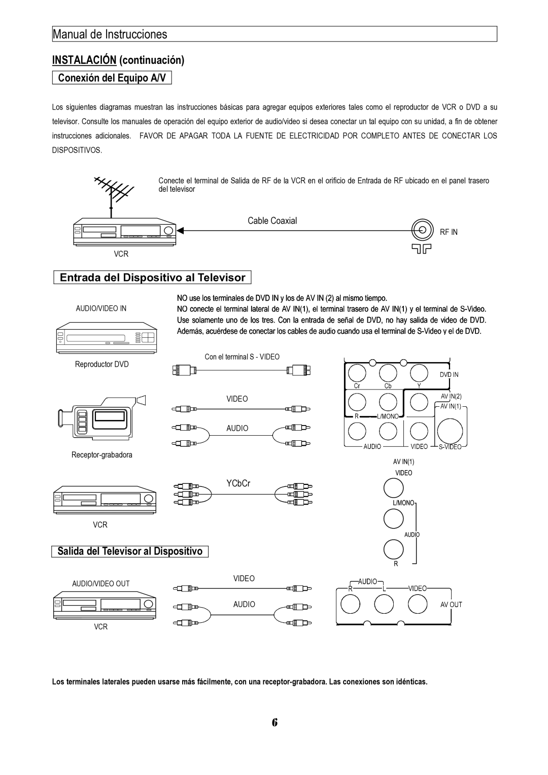 Emerson EMTV21785 manual Instalación continuación, Conexión del Equipo A/V, Entrada del Dispositivo al Televisor 