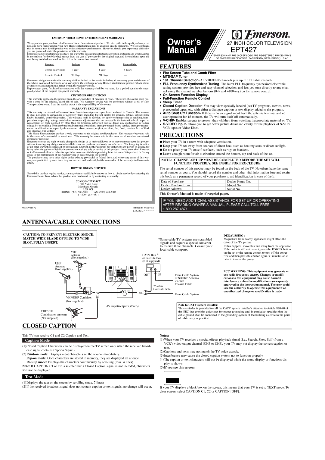 Emerson EPT427 owner manual Features, Precautions, ANTENNA/CABLE Connections, Closed Caption 