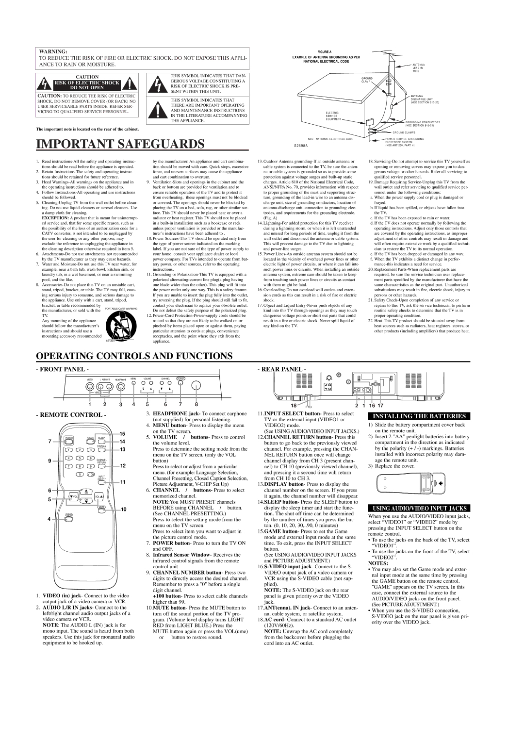 Emerson EPT427 owner manual Important Safeguards, Operating Controls and Functions, Installing the Batteries 