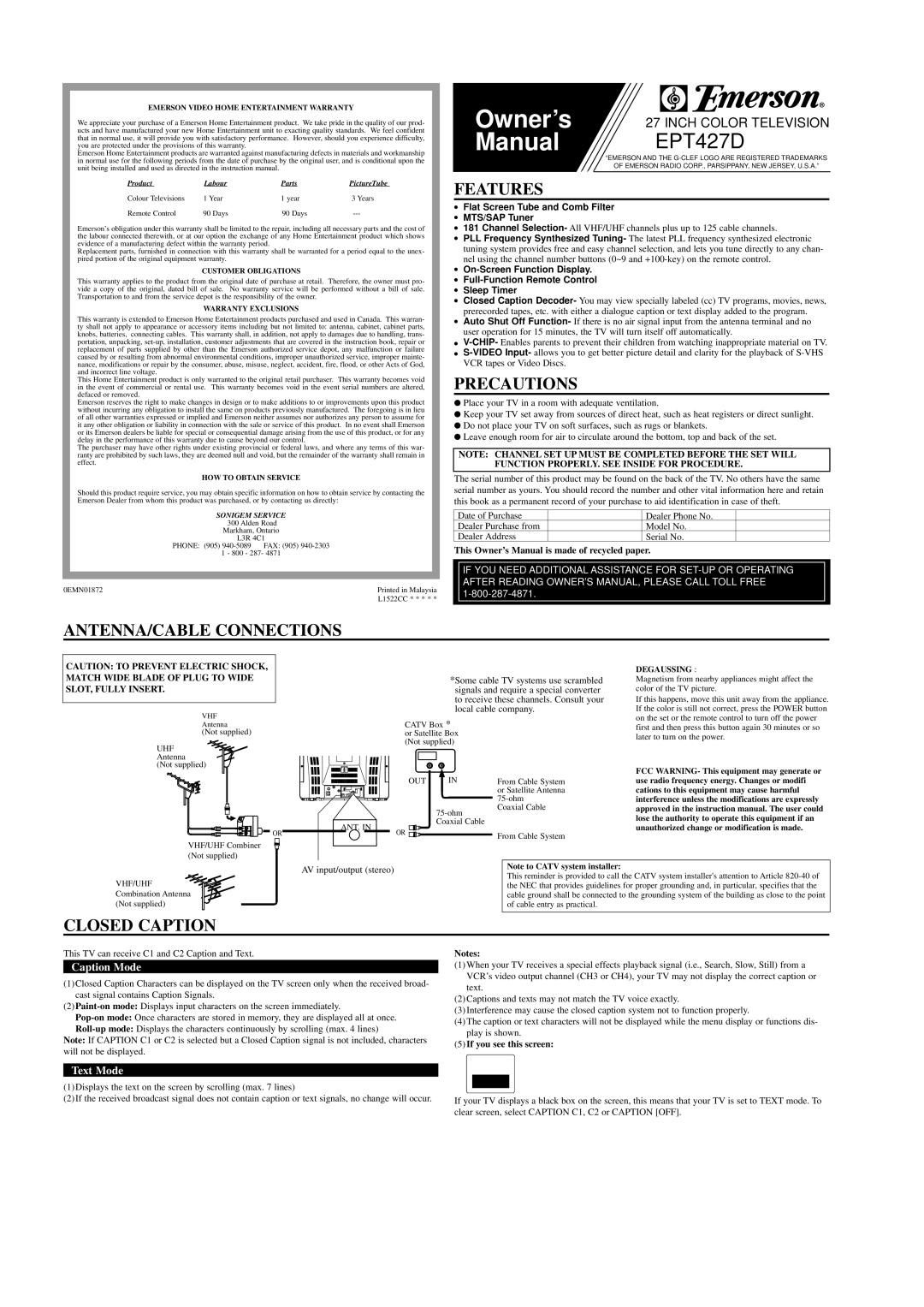 Emerson EPT427D owner manual Features, Precautions, ANTENNA/CABLE Connections, Closed Caption 