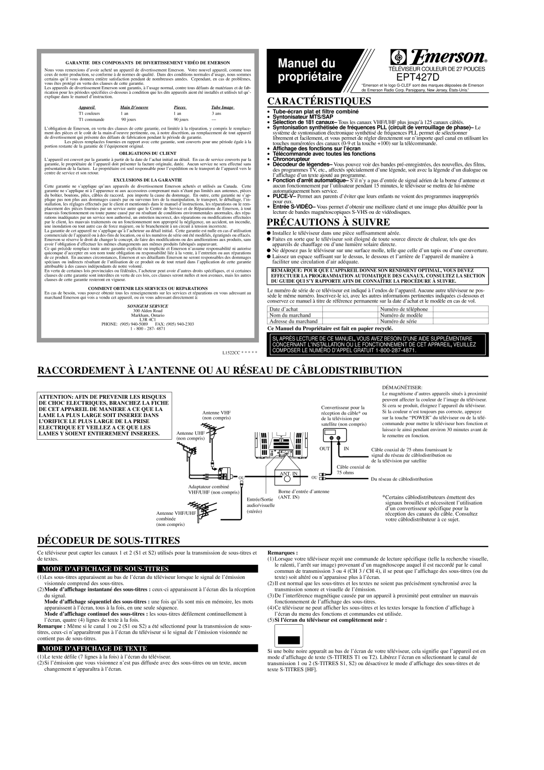 Emerson EPT427D Caractéristiques, Précautions À Suivre, Raccordement À L’ANTENNE OU AU Réseau DE Câblodistribution 