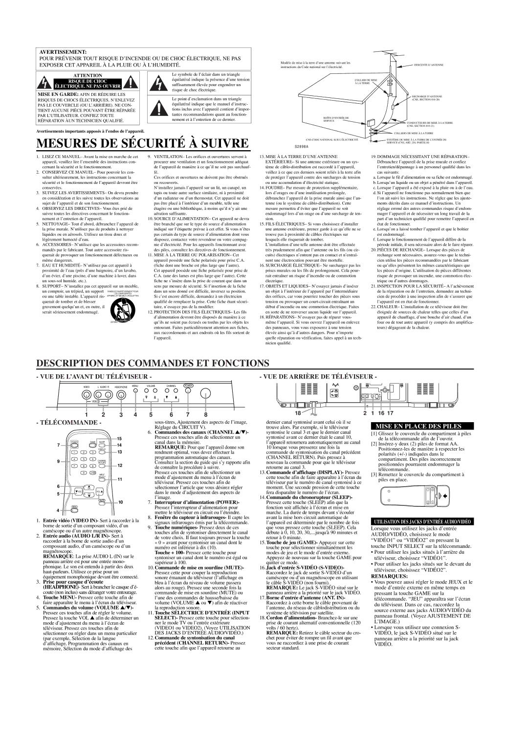 Emerson EPT427D owner manual Mesures DE Sécurité À Suivre, Description DES Commandes ET Fonctions, Mise EN Place DES Piles 