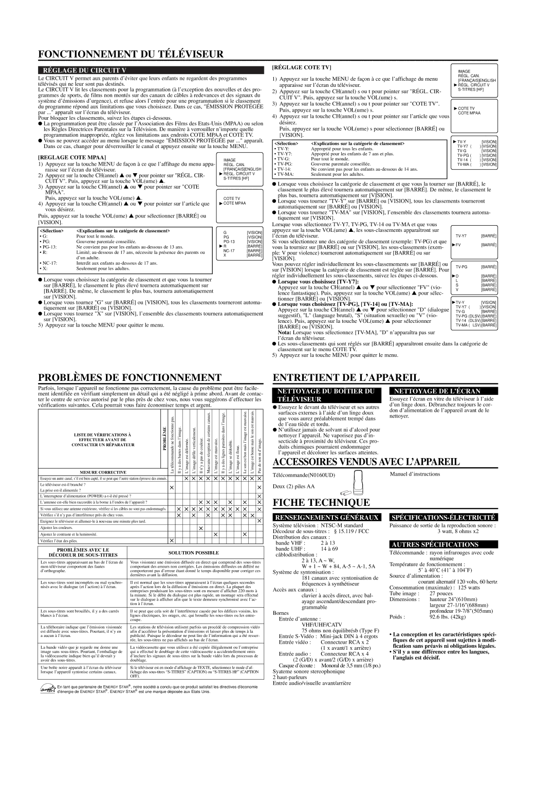 Emerson EPT427D owner manual Problèmes DE Fonctionnement Entretient DE L’APPAREIL 