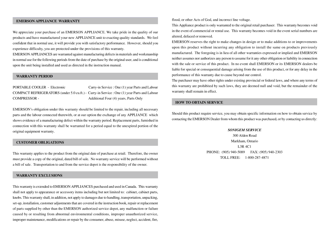 Emerson ER40 Emerson Appliance Warranty, Warranty Period, Customer Obligations, Warranty Exclusions, HOW to Obtain Service 