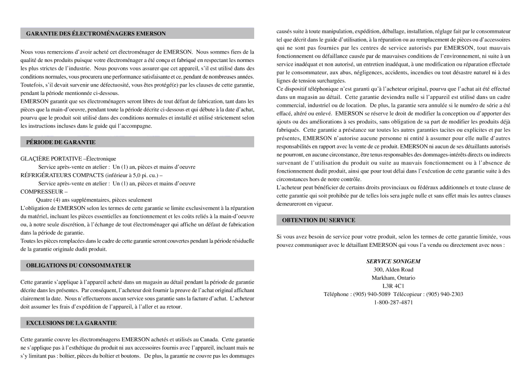 Emerson ER40 Garantie DES Électroménagers Emerson, Période DE Garantie, Obligations DU Consommateur, Obtention DU Service 