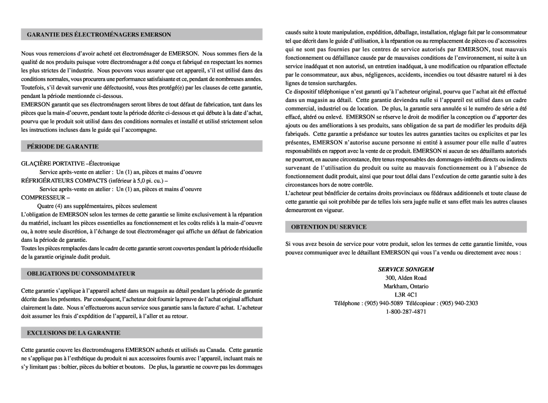 Emerson ER40 Garantie Des Électroménagers Emerson, Période De Garantie, Obligations Du Consommateur, Obtention Du Service 