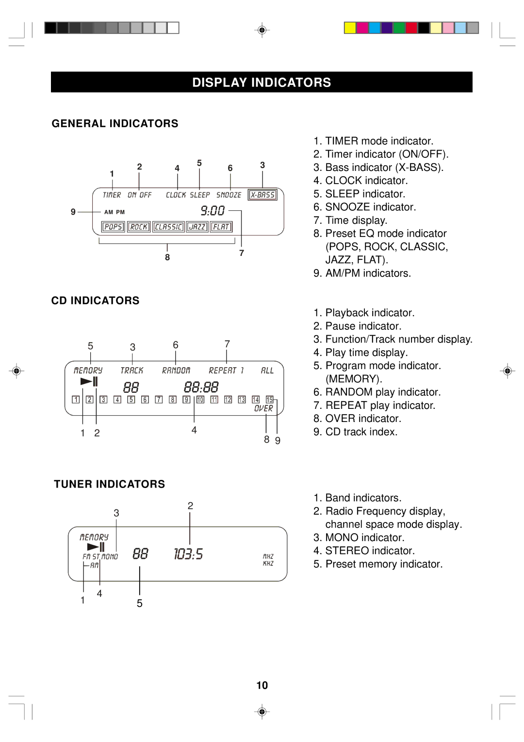 Emerson ES1 owner manual Display Indicators, General Indicators, CD Indicators, Tuner Indicators 