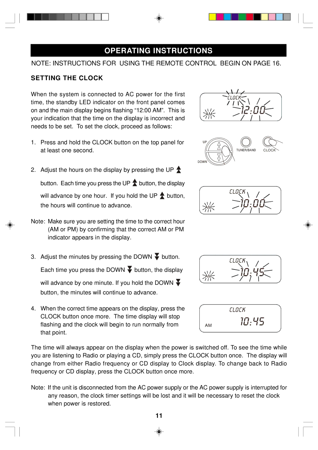 Emerson ES1 owner manual Operating Instructions, Setting the Clock 