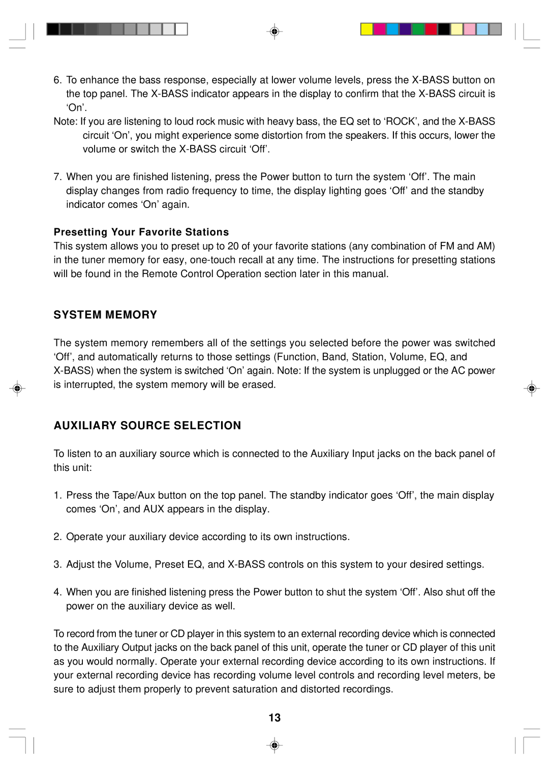 Emerson ES1 owner manual System Memory, Auxiliary Source Selection, Presetting Your Favorite Stations 