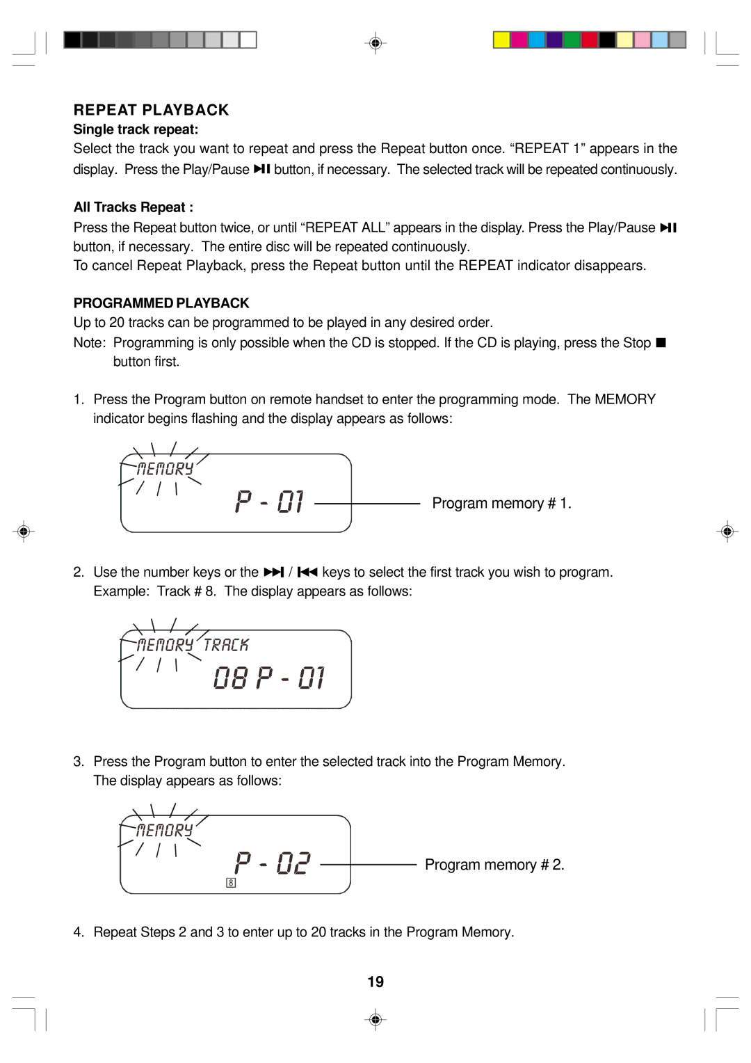 Emerson ES1 owner manual Repeat Playback, Single track repeat, All Tracks Repeat, Programmed Playback 