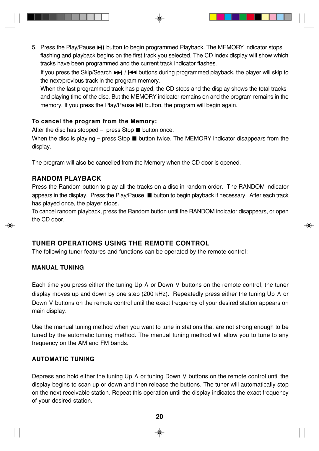 Emerson ES1 owner manual Random Playback, Tuner Operations Using the Remote Control, To cancel the program from the Memory 