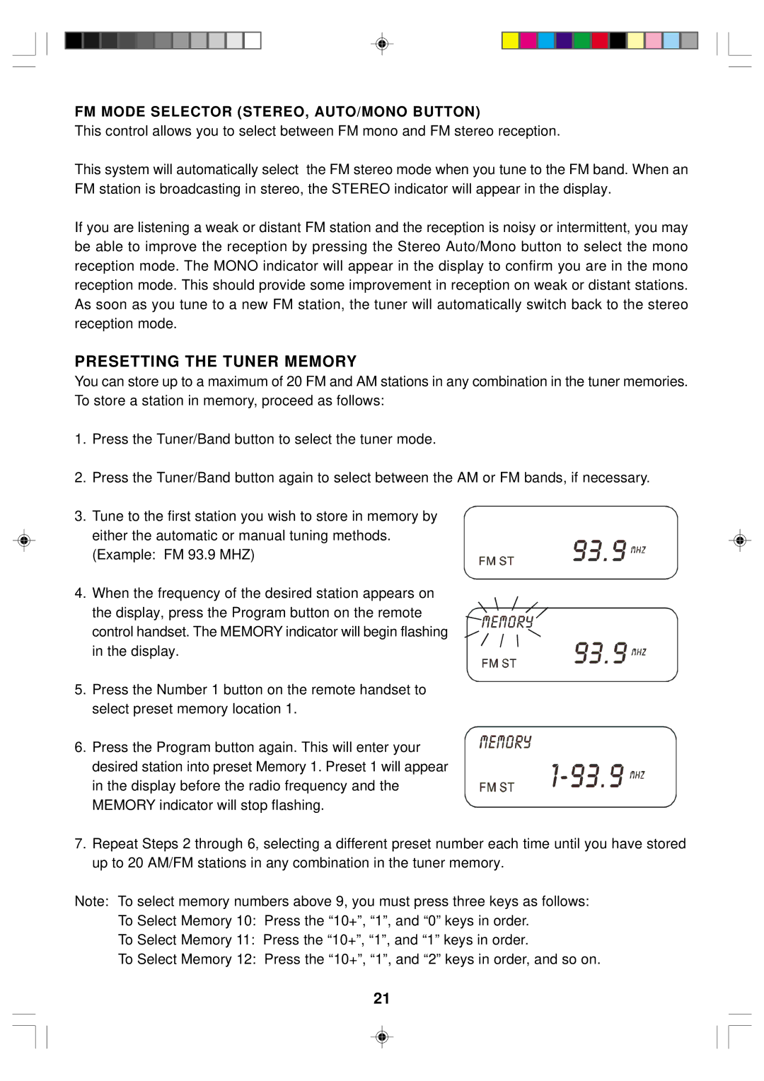 Emerson ES1 owner manual Presetting the Tuner Memory, FM Mode Selector STEREO, AUTO/MONO Button 