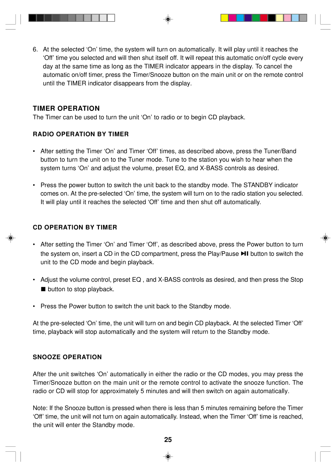 Emerson ES1 owner manual Timer Operation, Radio Operation by Timer, CD Operation by Timer, Snooze Operation 