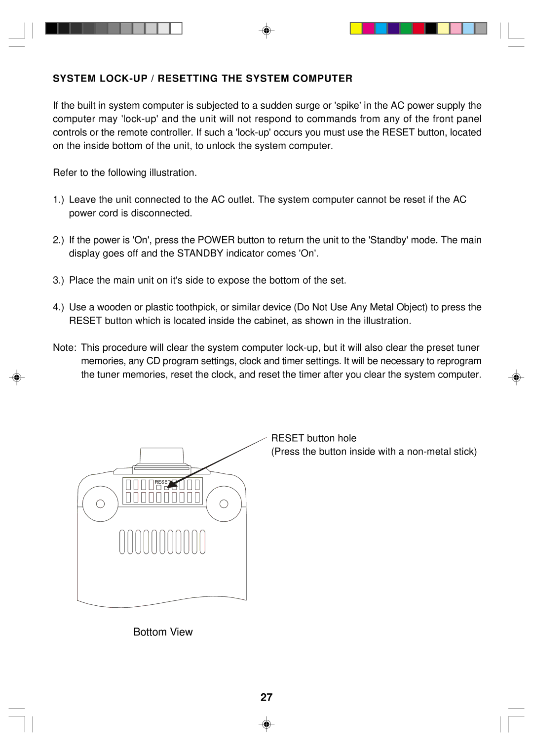 Emerson ES1 owner manual System LOCK-UP / Resetting the System Computer 