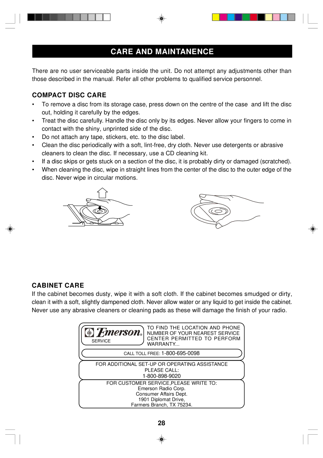 Emerson ES1 owner manual Care and Maintanence, Compact Disc Care, Cabinet Care 