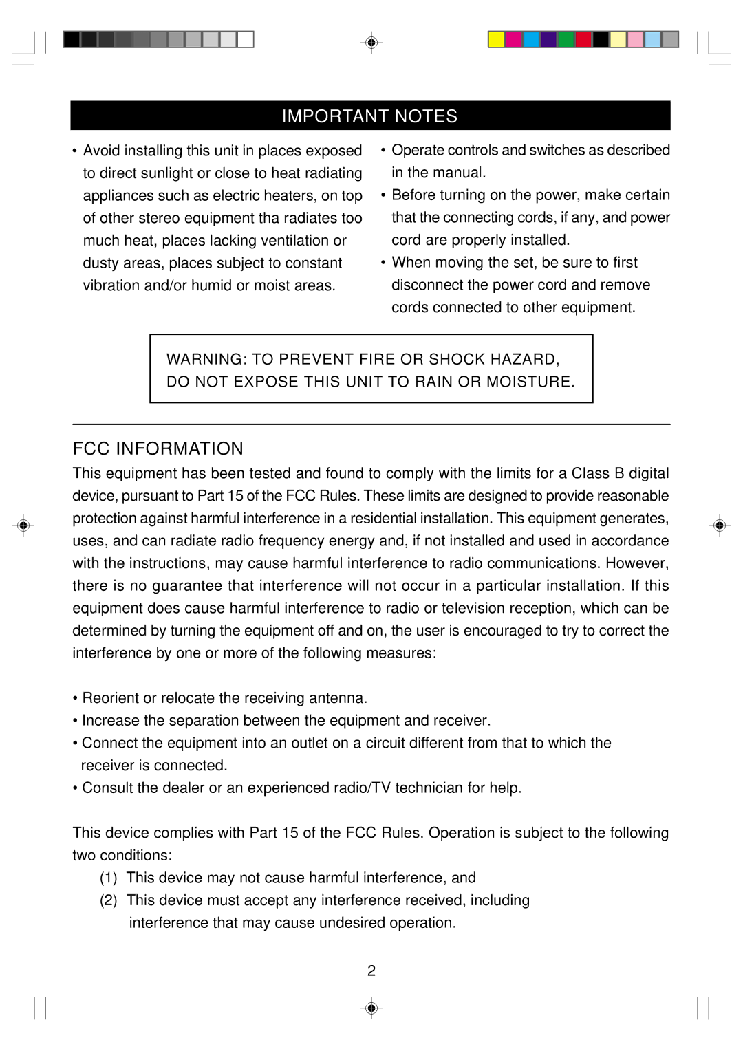 Emerson ES1 owner manual Important Notes, Do not Expose this Unit to Rain or Moisture 