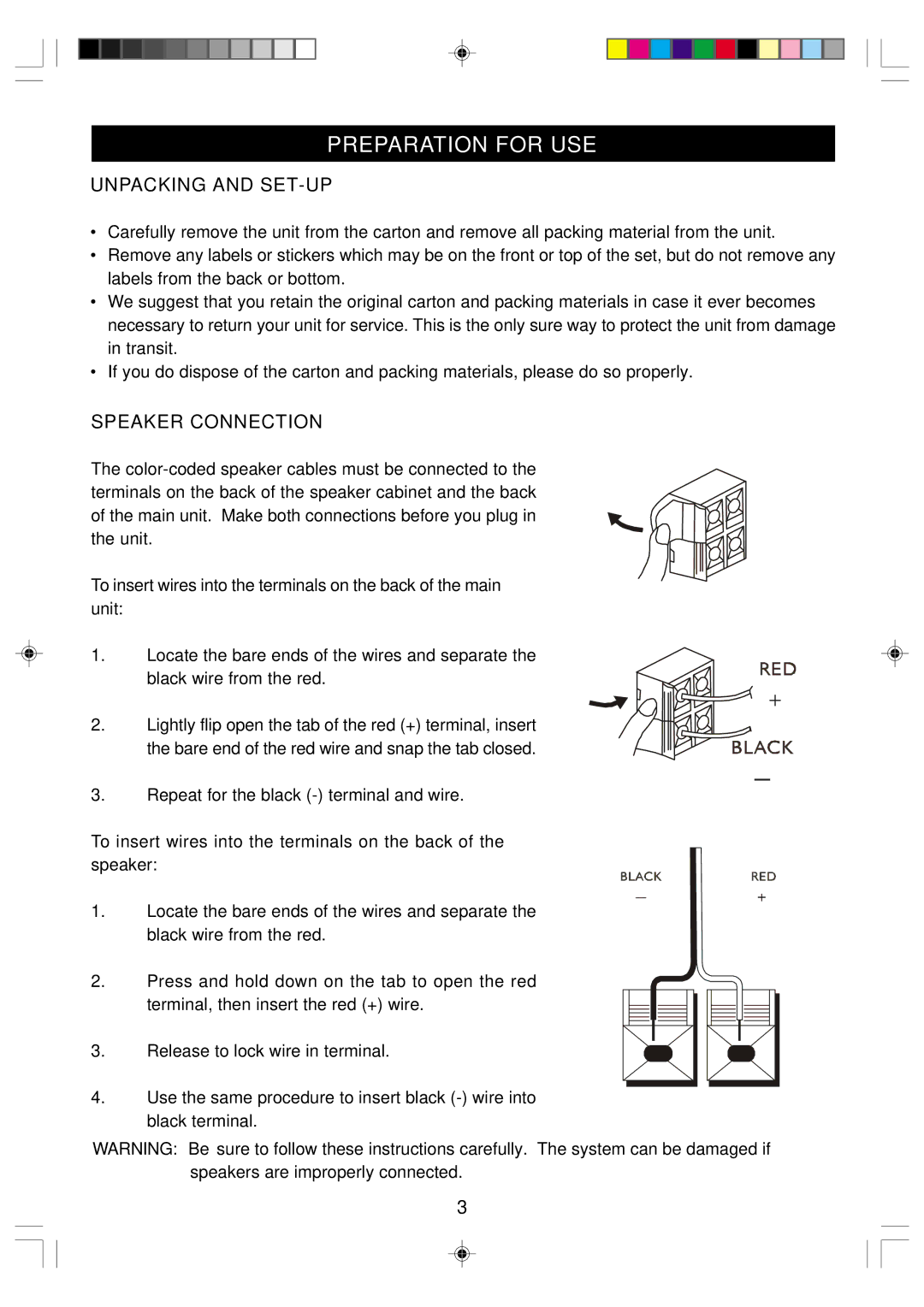 Emerson ES1 owner manual Preparation for USE, Unpacking and SET-UP, Speaker Connection 