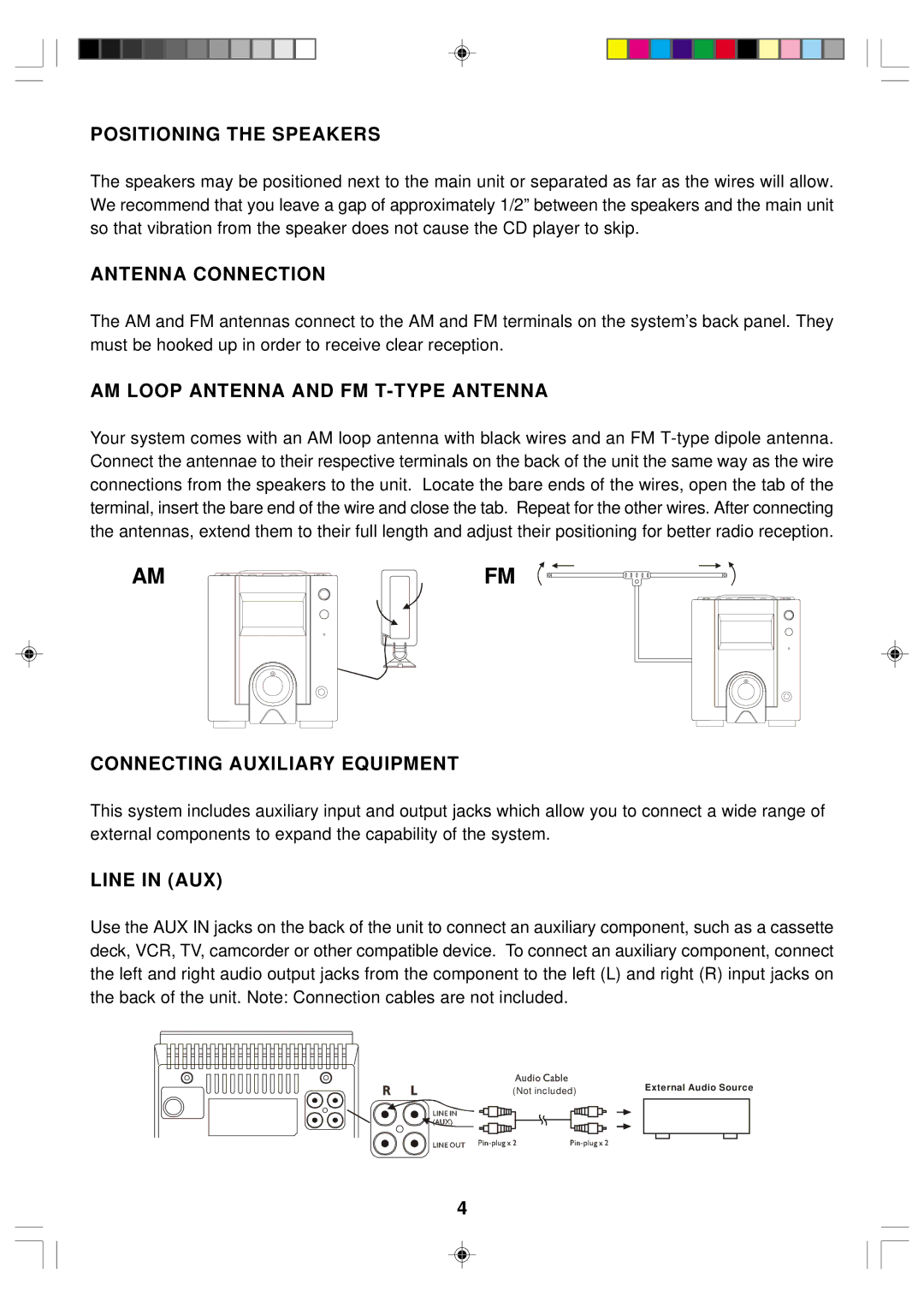 Emerson ES1 owner manual Positioning the Speakers, Antenna Connection, AM Loop Antenna and FM T-TYPE Antenna, Line in AUX 