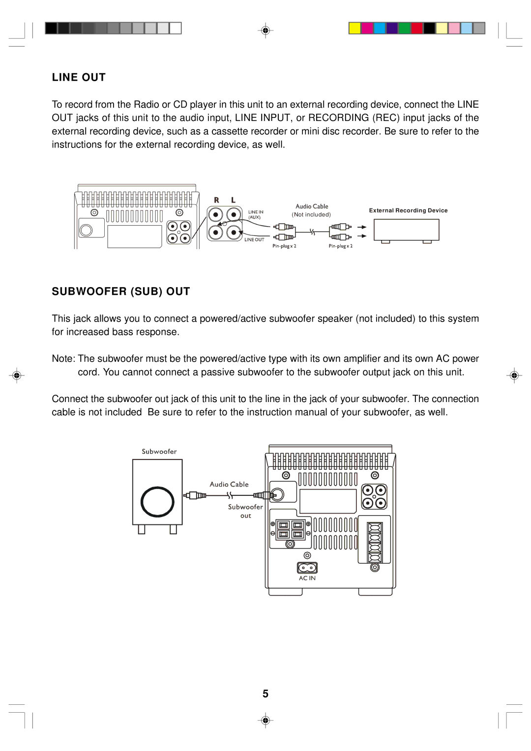 Emerson ES1 owner manual Line OUT, Subwoofer SUB OUT 