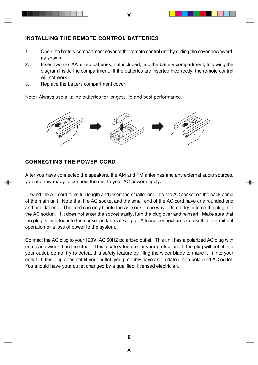 Emerson ES1 owner manual Installing the Remote Control Batteries, Connecting the Power Cord 