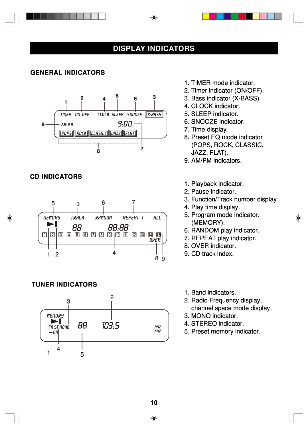 Emerson ES1 owner manual Display Indicators, General Indicators, Cd Indicators, Tuner Indicators 