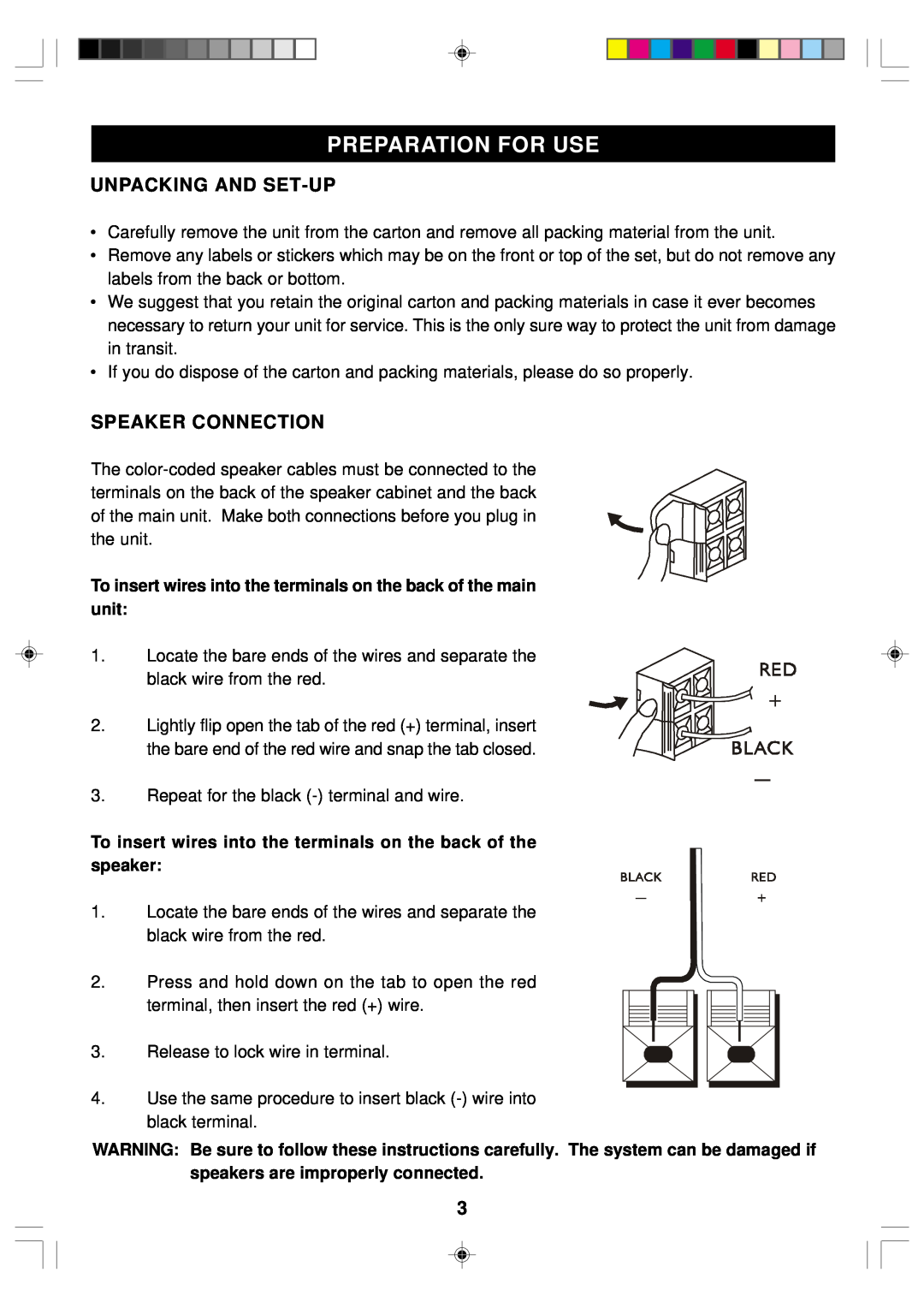 Emerson ES1 owner manual Preparation For Use, Unpacking And Set-Up, Speaker Connection 