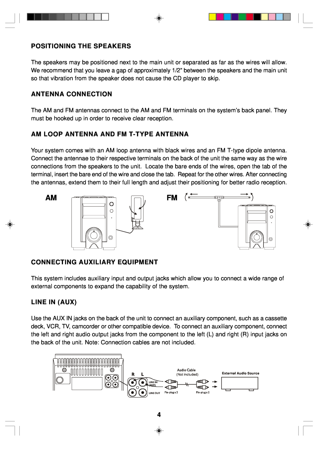 Emerson ES1 owner manual Positioning The Speakers, Antenna Connection, Am Loop Antenna And Fm T-Typeantenna, Line In Aux 