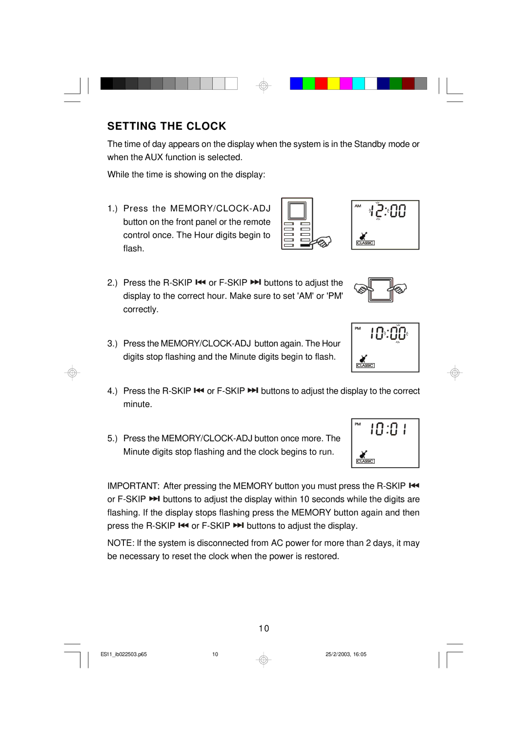 Emerson ES11 owner manual Setting the Clock 