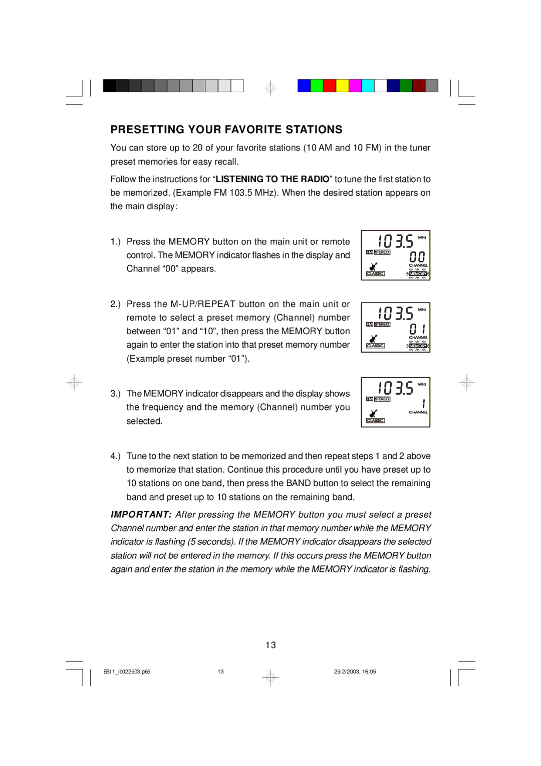 Emerson ES11 owner manual Presetting Your Favorite Stations 